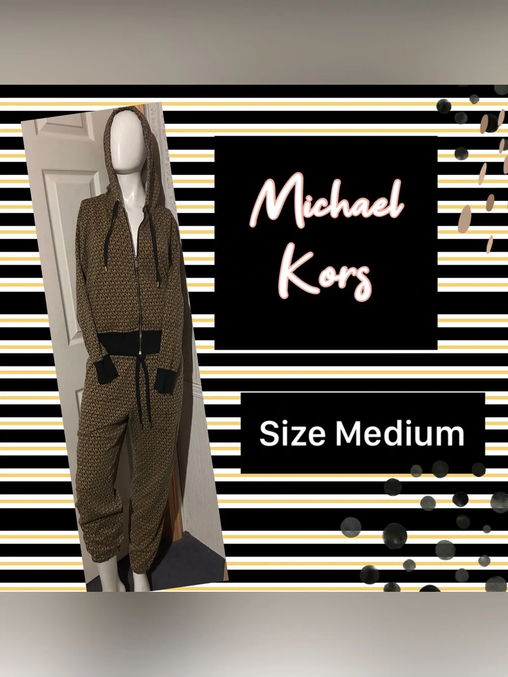 Michael Kors Black/Tan Patterned Hooded Jumpsuit with Black Accents